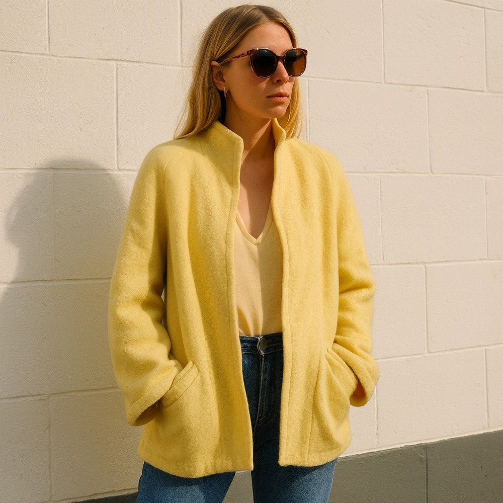 Vintage Snow Mist Coat Women Large Yellow Collarless Retro Phil Walters Creation